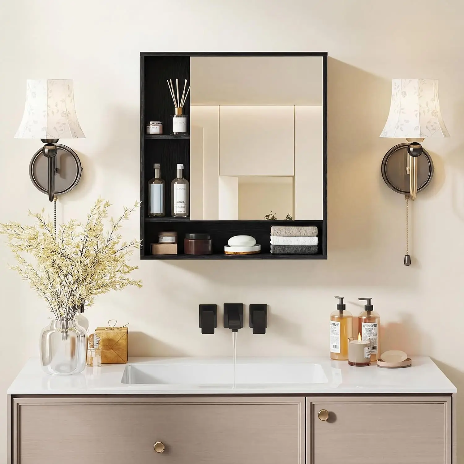 Bathroom Cabinet with Mirror, Wall Cabinet with Mirrored Door, 3 Open Cubes, Adjustable Shelf, Wooden Grain Finish, Customized