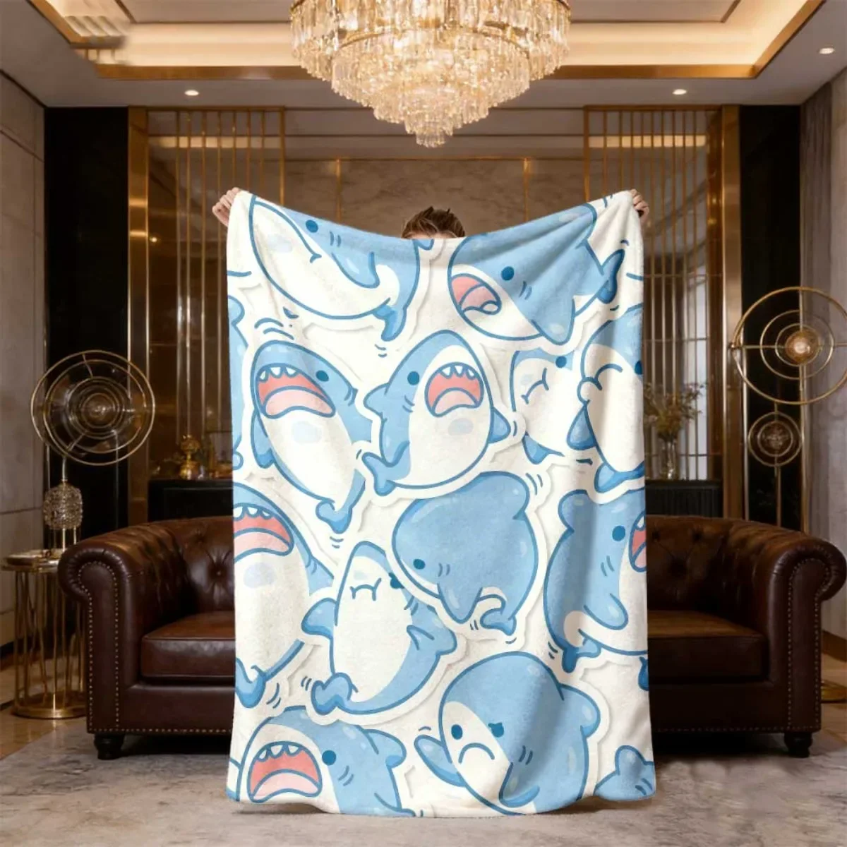 Modern Shark Flannel Blanket for All Seasons, Soft Blue Shark Print (With Smiling, Surprised, And Angry Expressions), Multifunct