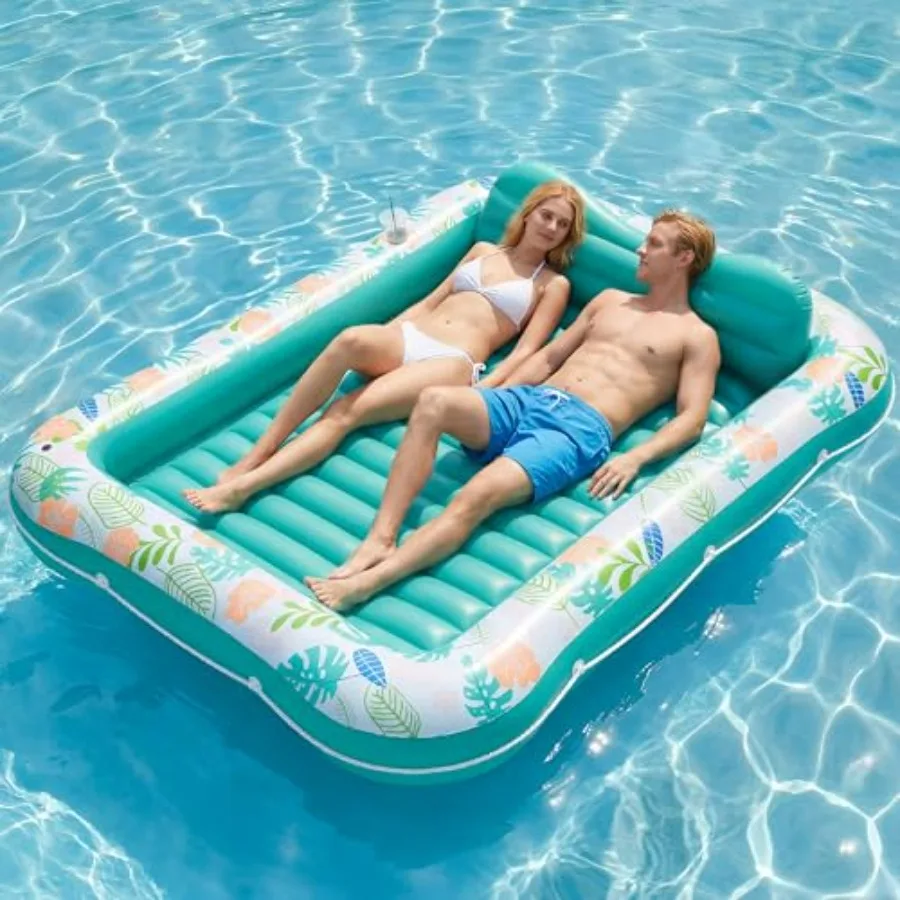 Backyard swimming pool and beach use, PVC inflatable tanning pool lounger float, green, XL size with pillow, cup holder, and wa