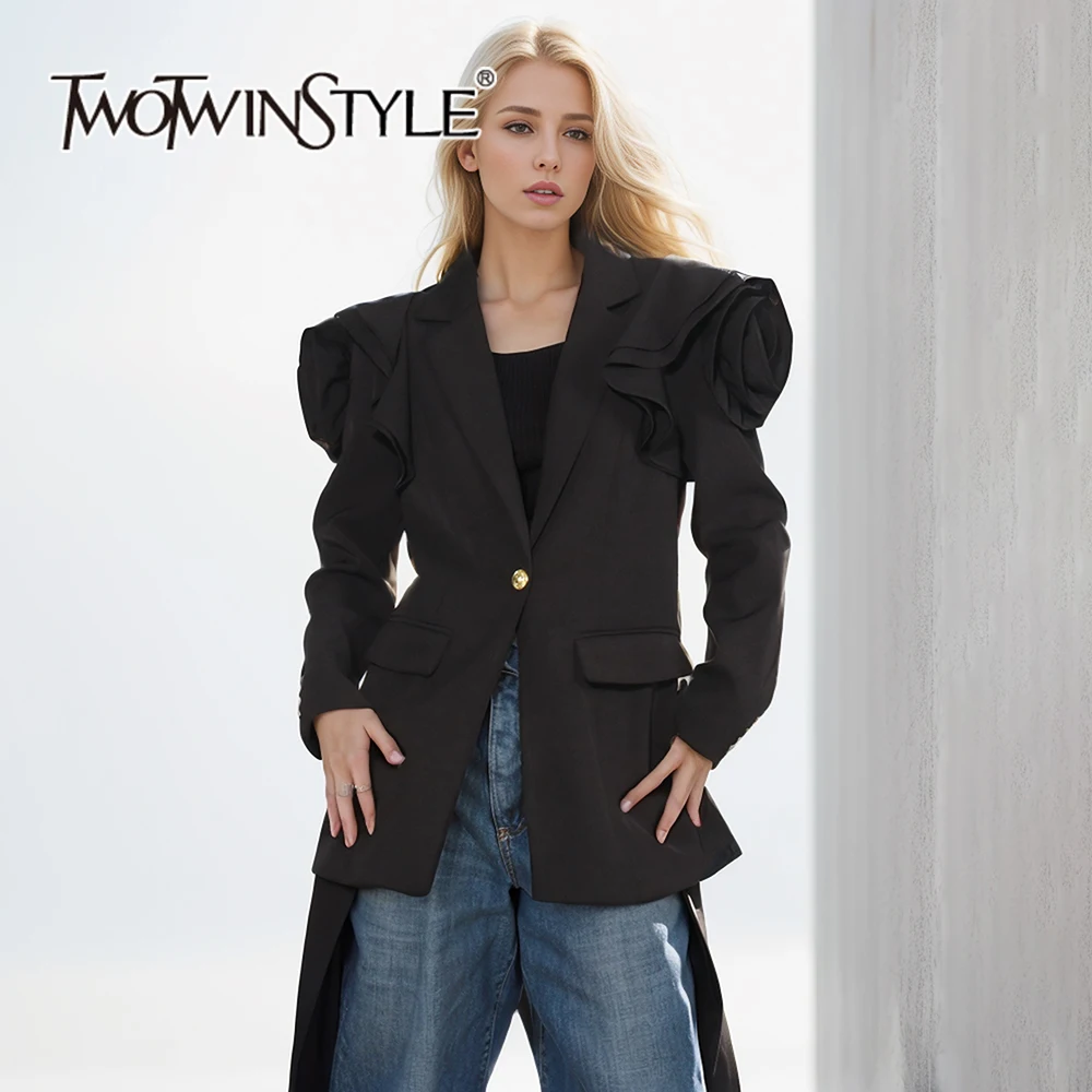 

TWOTWINSTYLE Solid Temperament Slim Blazers For Women Notched Collar Long Sleeve Patchwork Appliques Designer Blazer Female New