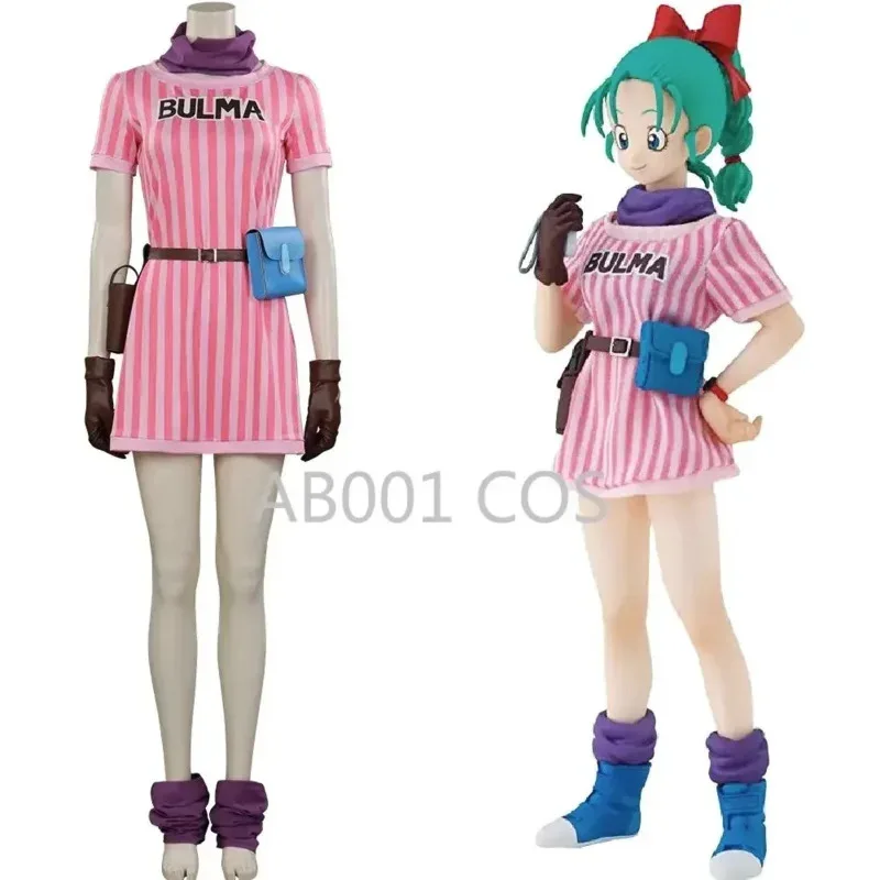 

Bulma костюмы для косплея женский аниме персонаж униформа розовое полосатое платье Хэллоуин карнавальные костюмы
