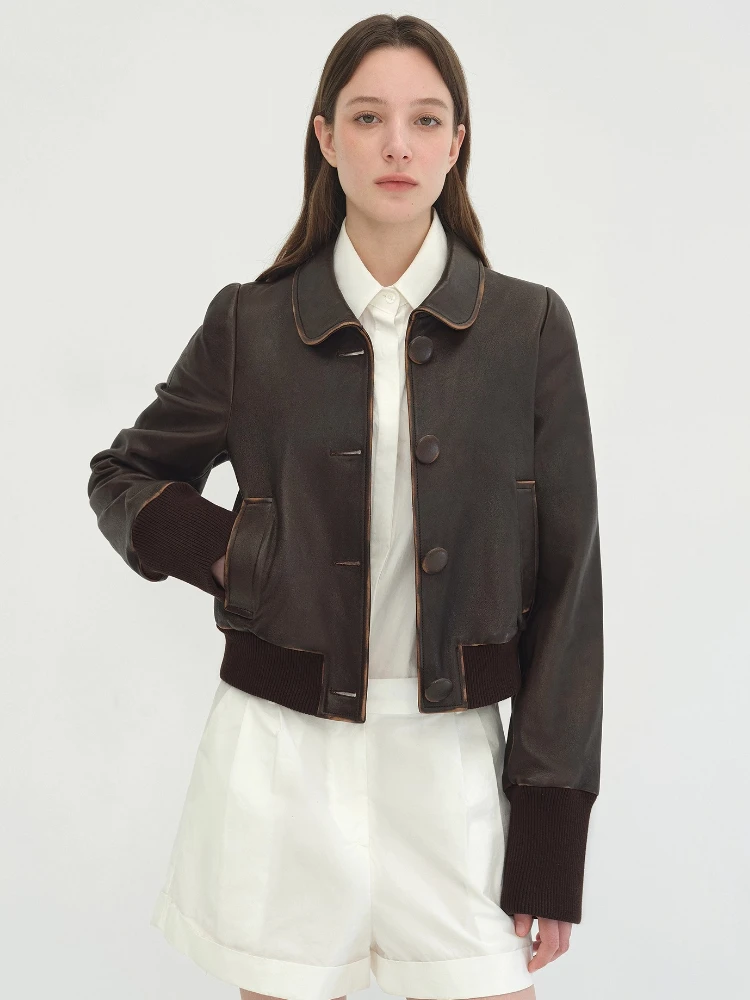 Vintage Kurze Echtes Leder Jacken für Frauen Frühling Herbst High-end-Einfache Schlank Einreiher Echt Schaffell Bomber Mantel