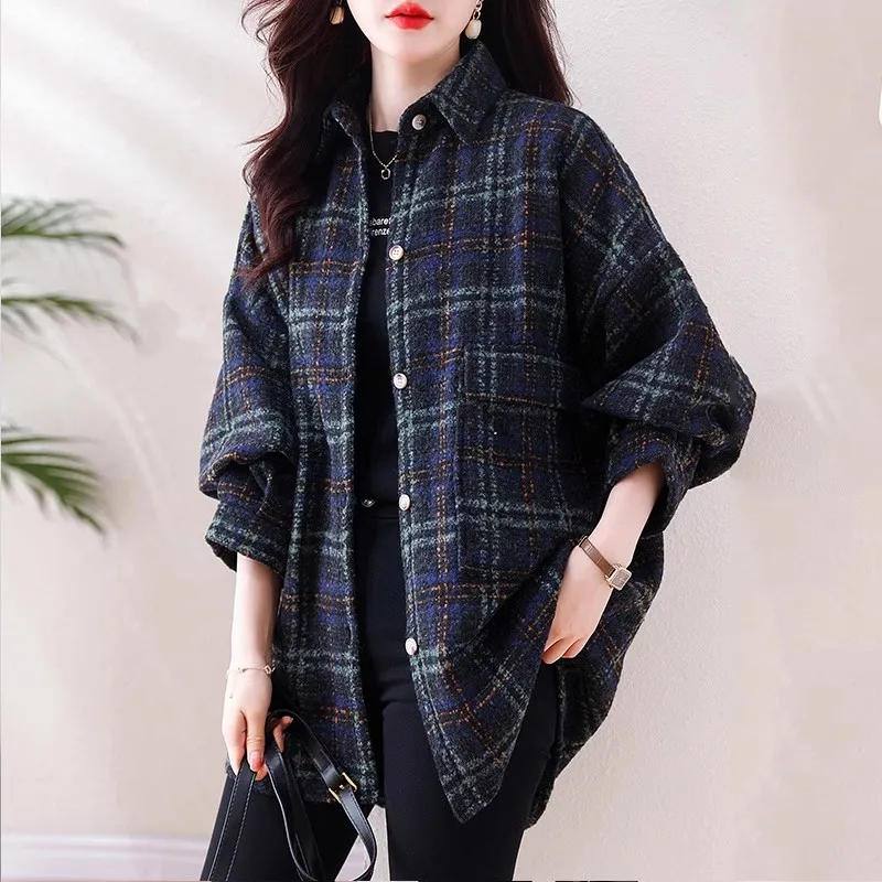 

Осенне-зимнее клетчатое пальто, женское повседневное свободное пальто средней длины в стиле ретро, универсальное повседневное шерстяное пальто irt