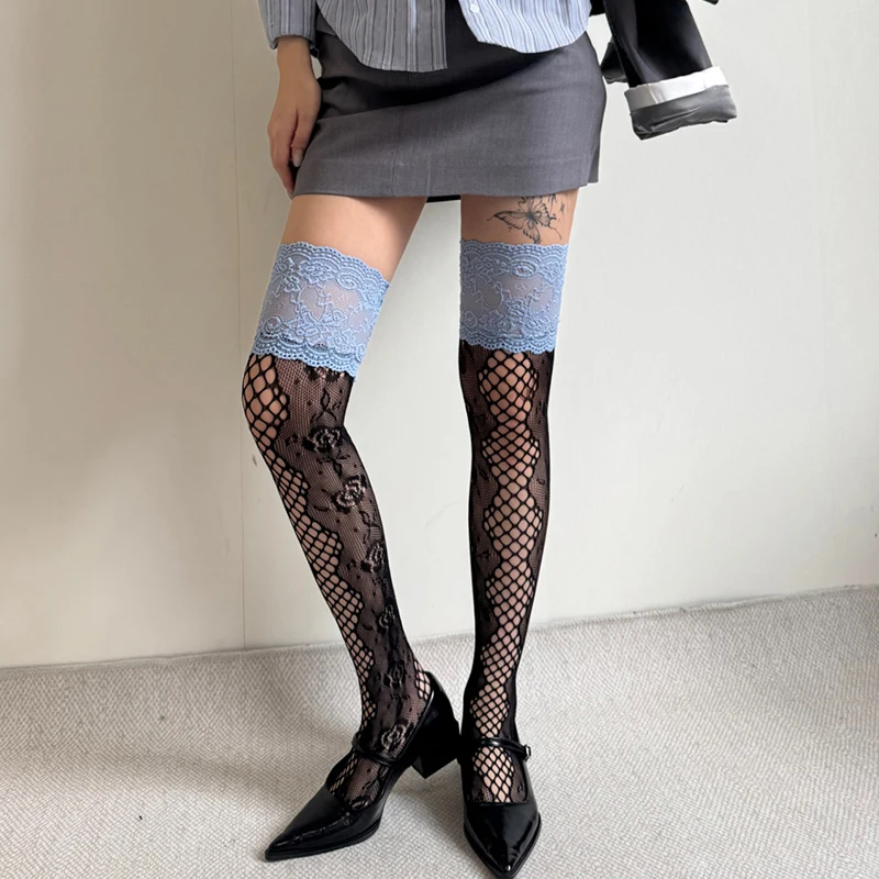 Lolita Female Blue Color Collision Lace Stockings Hollow Flower Jacquard Fishing Net Socks Thigh Socks Stacked Over The Knee