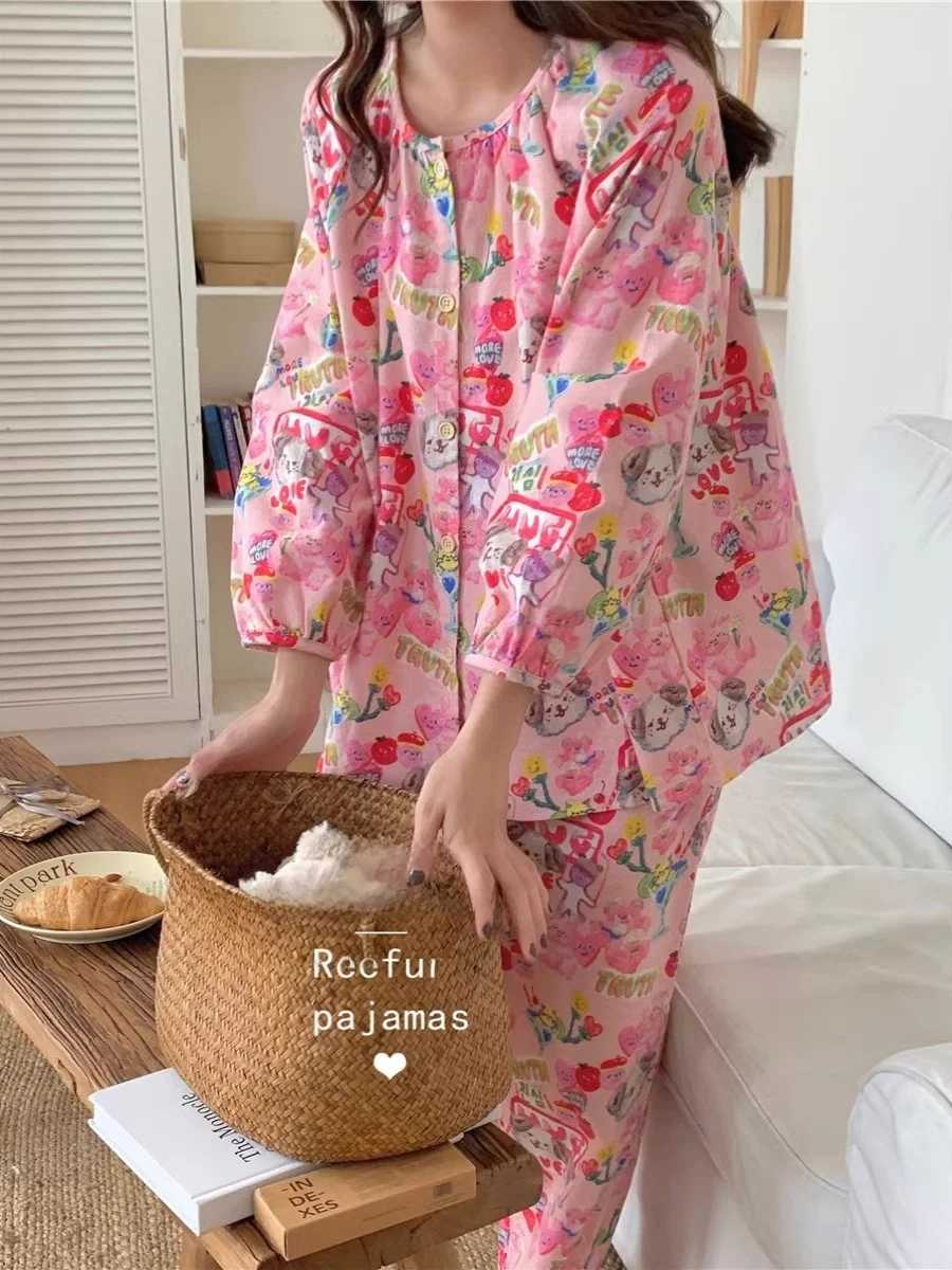Large Size 300 Pounds Cute Cartoon Pajama Set Women's Outdoor Wear Sweet Cardigan Long Pants Home Clothes Two-Piece Set