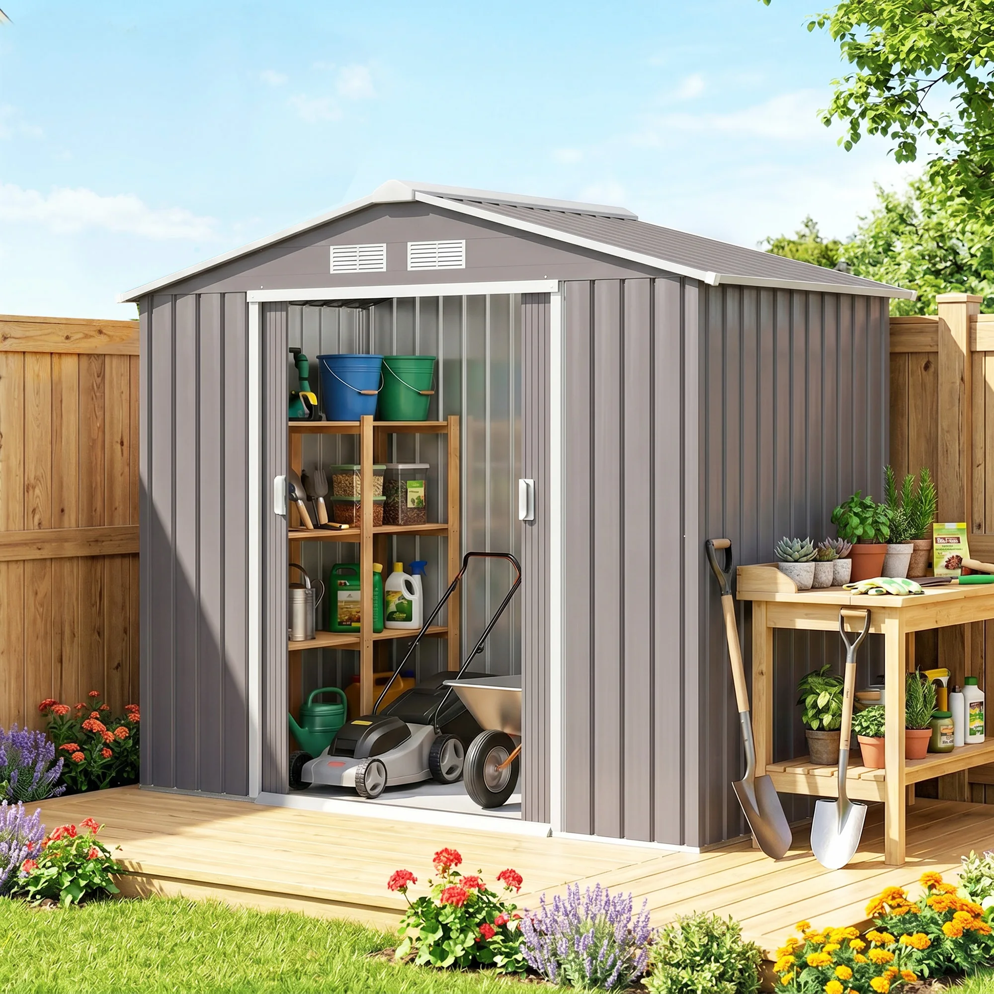 Gardening Tools Organiser - 7フィート x 4フィートの屋外用スチール製ツールガーデンシェッドオーガナイザー（スライドドア2枚付き）