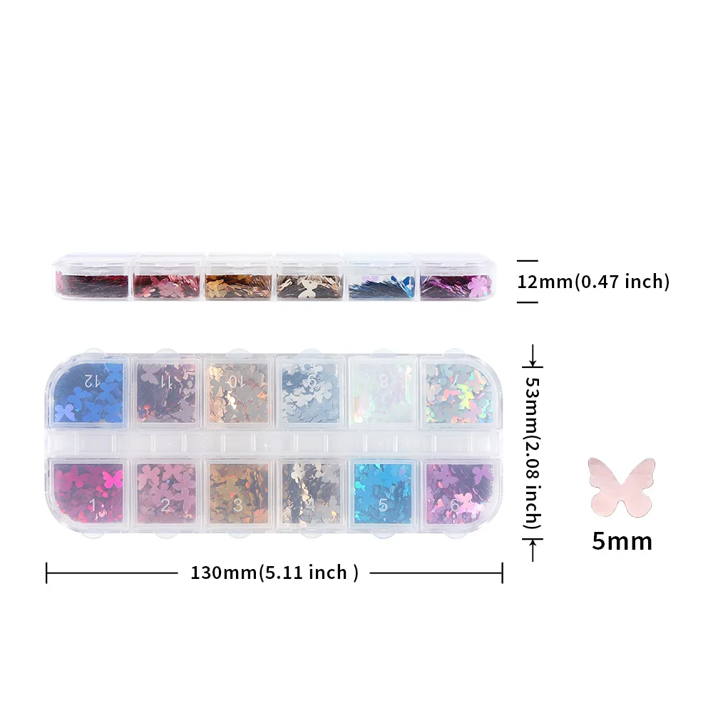 Abalorios holográficos para uñas de mariposa con láser, copos brillantes dorados y plateados, suministros de lentejuelas para uñas, accesorios profesionales