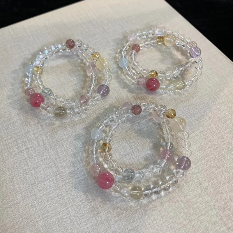 Chinese Style Natural Crystal Multicolor Dopamine Handstring Bracelet 6mm Beaded Multiloop Lucky Fortune Auspicious For Women