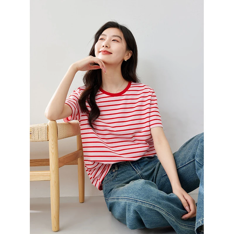 

VIMLY Striped Cotton T-shirt for Women 2024 Summer Basic Red O-neck Short Sleeve Top Women's Loose TShirt Casual Tee M7573