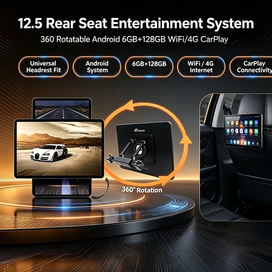 12.5inch Rotatable Universal Headrest Car Rear Seat Movie Rotatable Bracket Android Entertainment Monitor Wireless Carplay WiFi