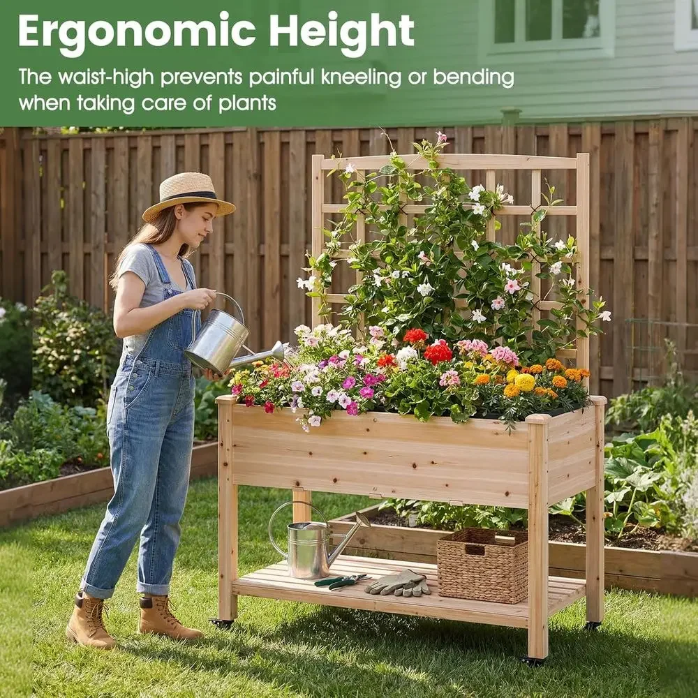 65 Mobile Wooden Elevated Garden Bed with Trellis, Wheels, Legs, Liner, and Drainage for Outdoor Vegetables and Herbs