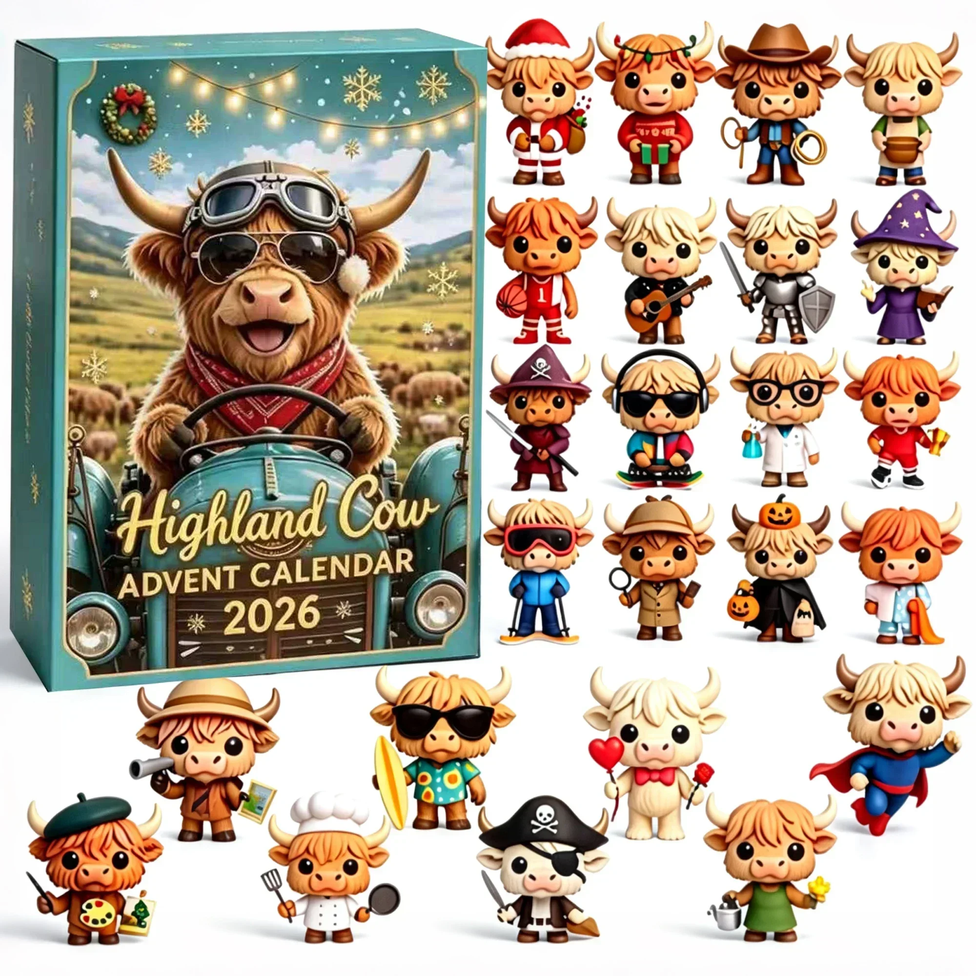 2026 Highland Cow Advent Calendar, 24Pcs Hanging Figurine Ornaments, Christmas Countdown Gift