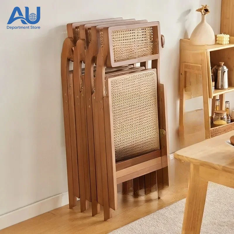 rattan folding dining chair back chair simple homestay solid wood home living room stool casual back restaurant chair