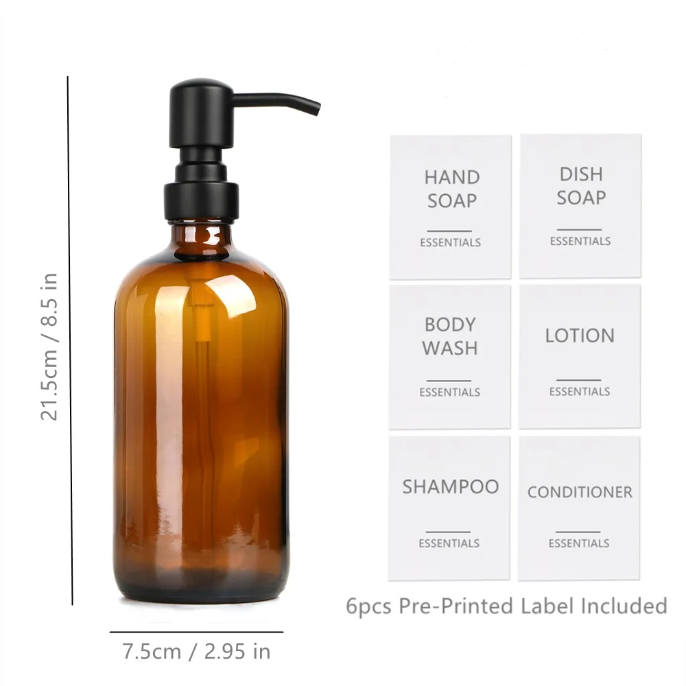 4pcs 500ml Amber Glass Pump Bottle with Black Stainless Steel Lotion for Bathroom Essential Oils Shampoo Liquid Soap Dispenser