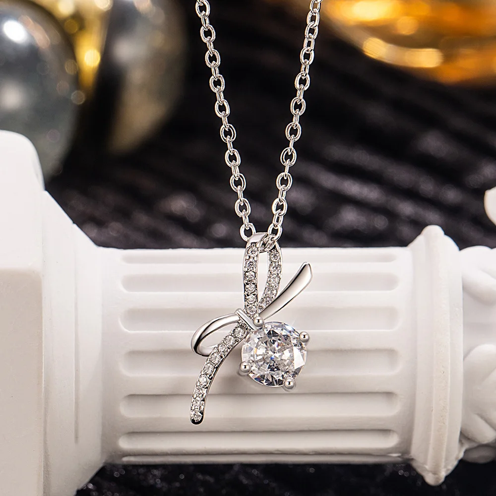 

925 Sterling Silver Niche Design Sense Light Luxury Bow Zircon Pendant Necklace Birthday Party Anniversary Gift