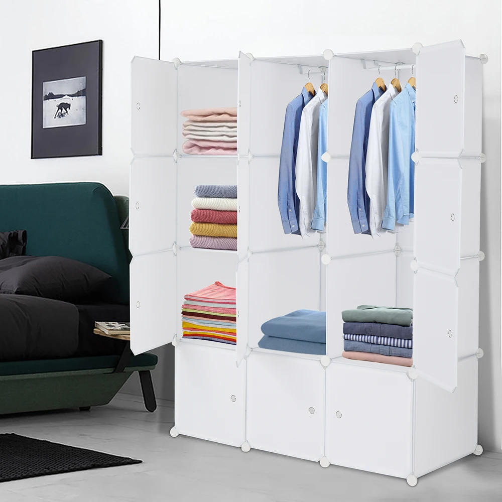 storage cabinet,12 Cube Organizer,Cube Storage Shelves Design,Multifunctional Modular Closet Cabinet with Hanging Rod White