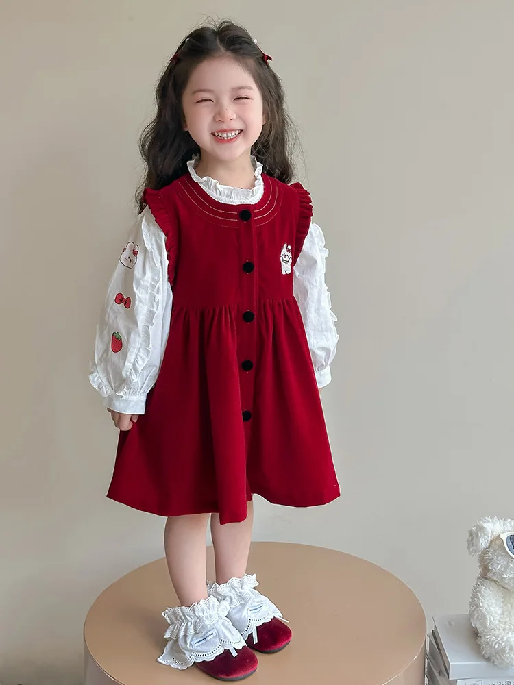 

Girls' Velvet Dress Set for Spring and Autumn25New Fashionable Baby Cartoon Doll Vest Dress Two-Piece Set