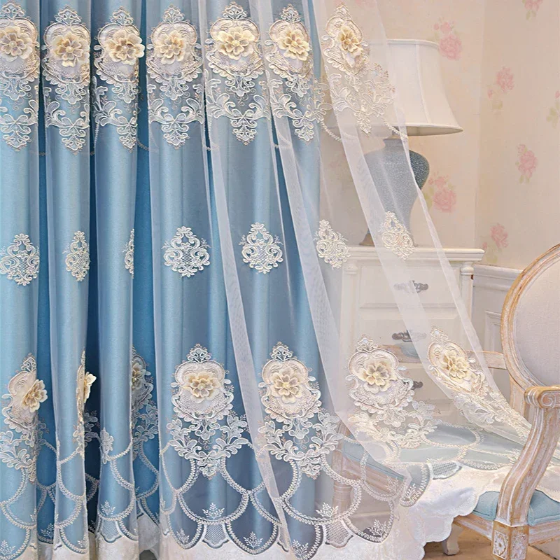 Double Layer Luxurious Romantic Embossed Embroidery Sheer Curtain For Living room Bedroom Tulle Velvet Lacework Window Drapes