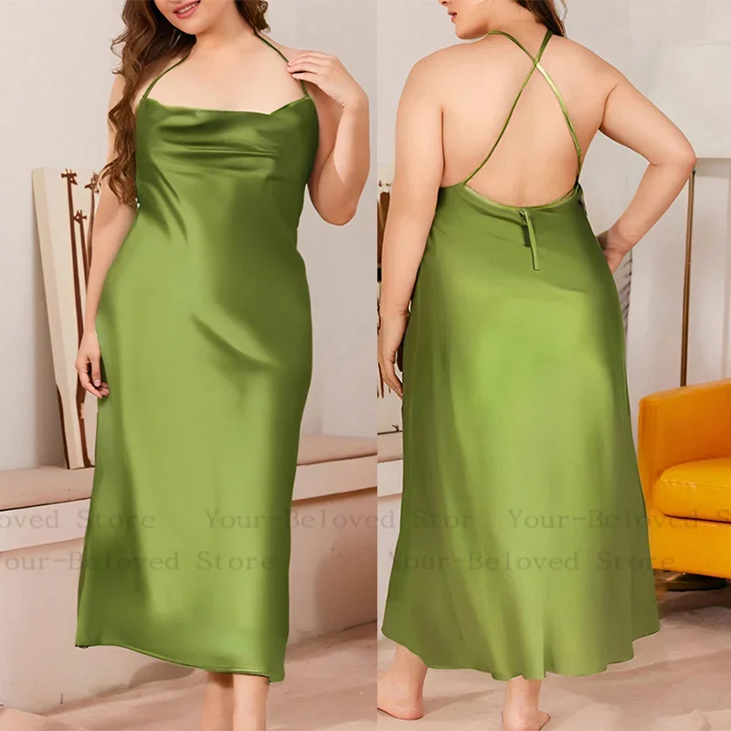 

1Xl-5Xl Fat Nightdress Women Green Sleepwear Satin Nightgown Back Cross Home Dressing Gown Loose Vestidos Summer Lingerie