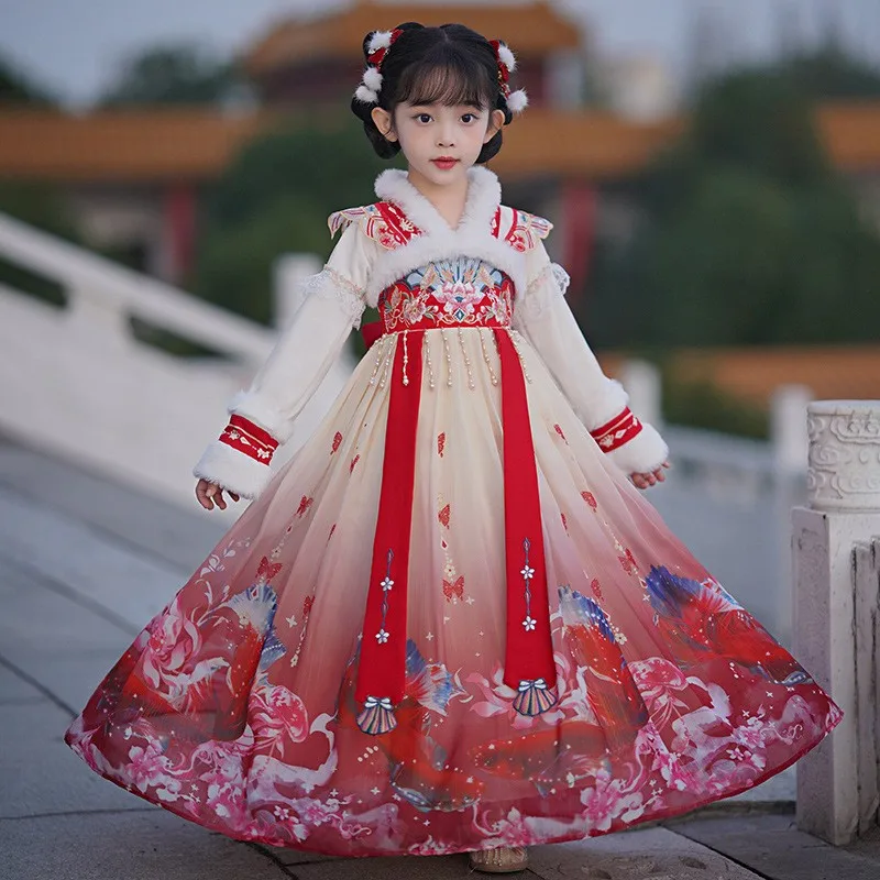 

Kids Tang Suit Hanfu Baby Girls Winter New Warm Embroider Dress Birthday Gift Children Traditional Chinese New Year Clothes