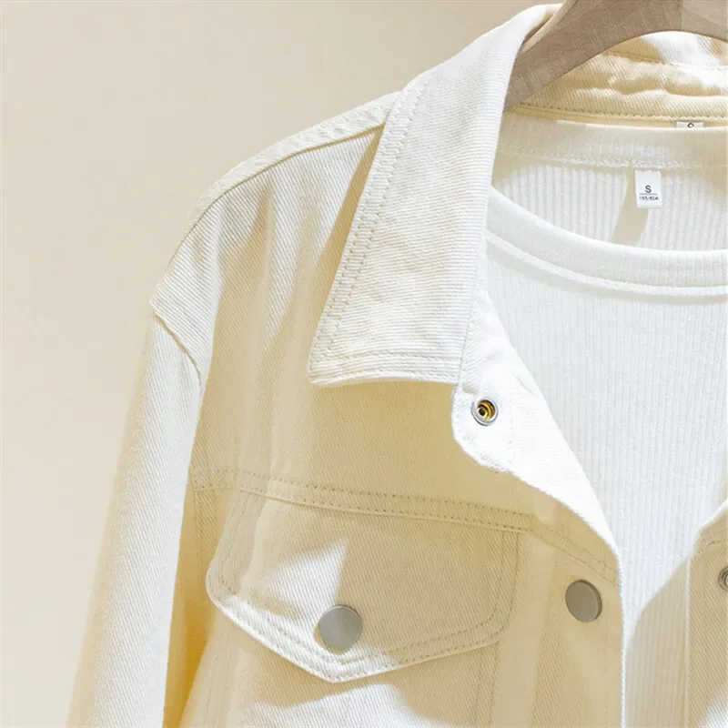 Koreaanse Mode Beige Denim Jas Vrouwen Slanke Korte Cowboy Bovenkleding Herfst Grote Zak Casual Jeans Jas Vrouwelijke