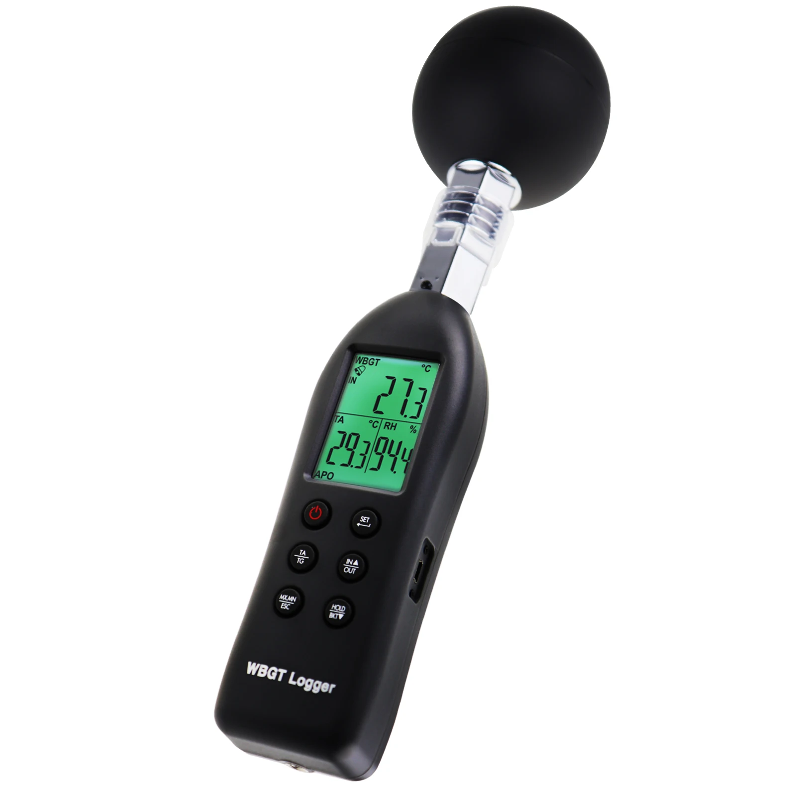 Air Temperature, Globe Temperature & Humidity Datalogger Recorder w/ Heat Index Stress WBGT Meter Tester w/ Backlight Indicator