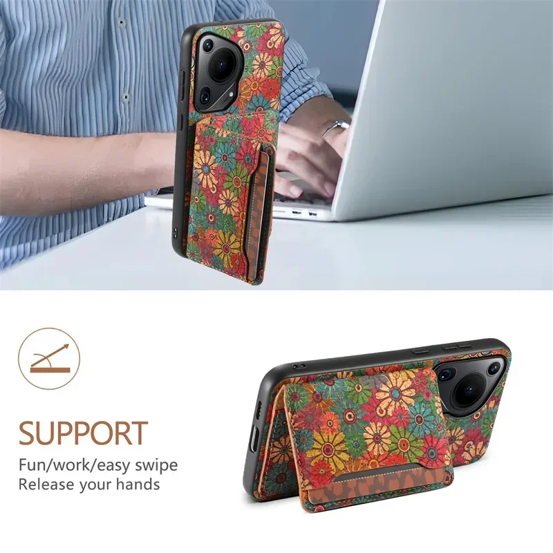 Flower Figure Leather Magnetic Wallet Phone Case For Huawei Pura 70 70Pro P60 Mate 60 50 40 30 Pro Nova 12 11 Holder Back Cover