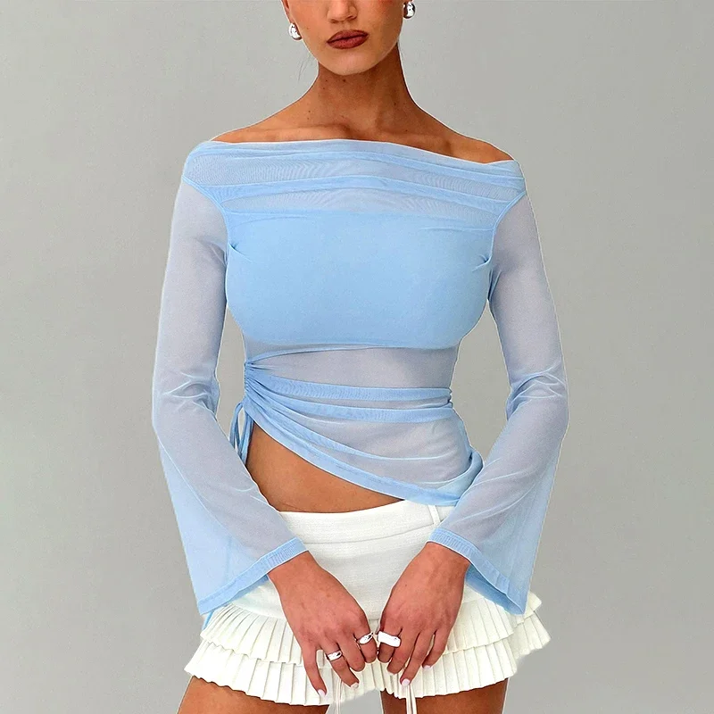 

Solid Color Long-Sleeve One-Shoulder Sexy Mesh Top See Through Shrunk Pleated Sexy Women T Shirt Casaul Wear Autumn