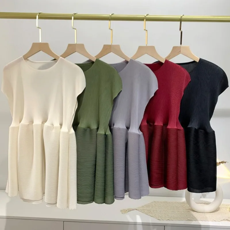 

Miyake Summer New Pleated T-shirt Top Splicing Comfortable Casual Sleeveless Undershirt Simple Loose Stretch Woman Clothes