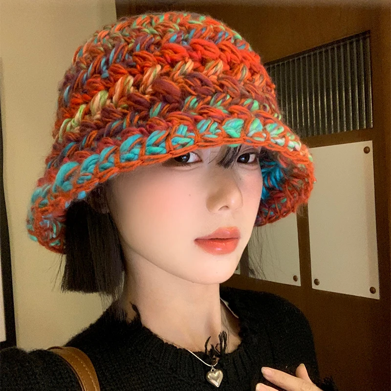 Niche Trend Gradual Change Color Knitted Dome Bucket Hat Women Autumn and Winter Versatile Big Head Warm Fashion Basin Cap