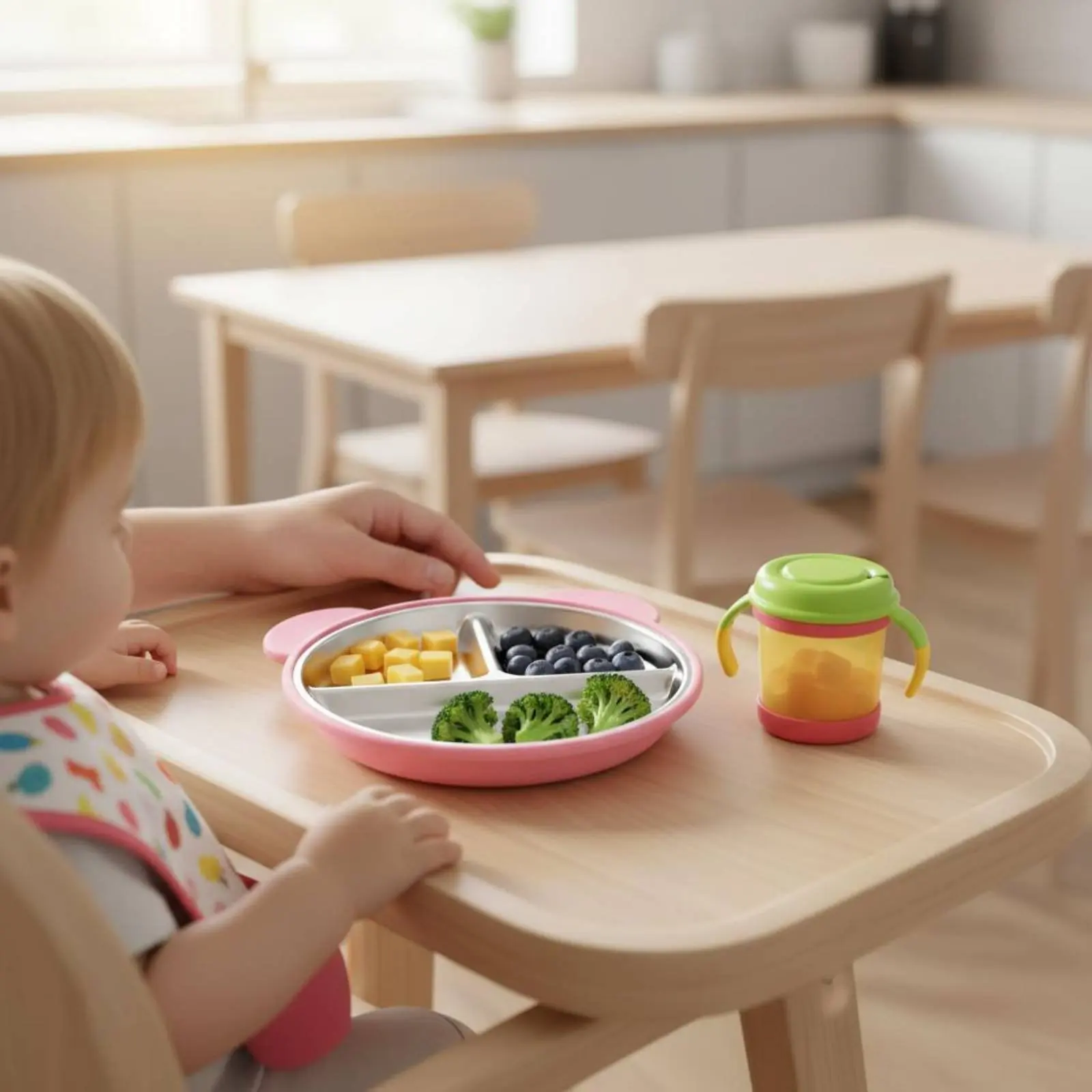Stainless Steel Suction Plate Anti-Tip 3 Compartment Feeding Plate Food-Grade Silicone Detachable Design for Infants, High Chair