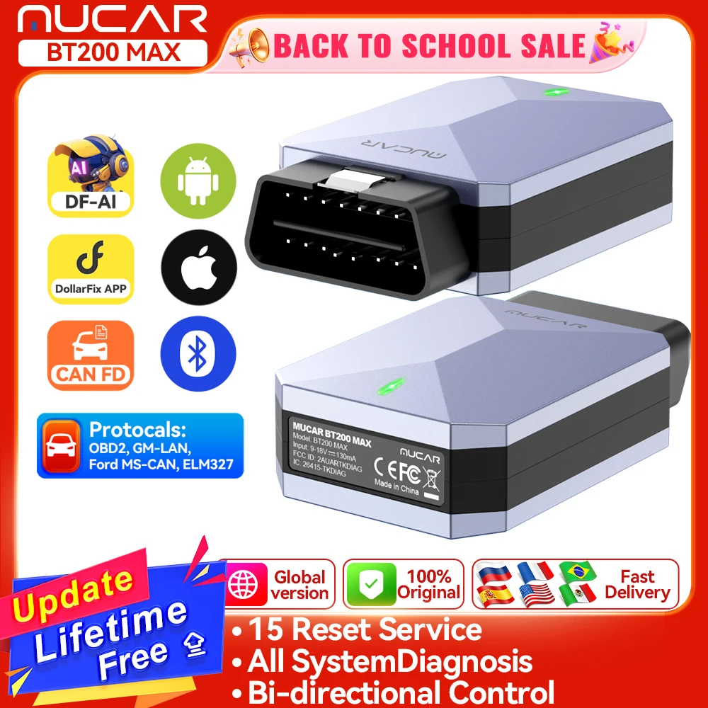MUCAR BT200 MAX AI Assistant Car Diagnostic Tool CANFD Bi-Directional Full System Auto Diagnosis Scanner 15 Reset Lifetime Free