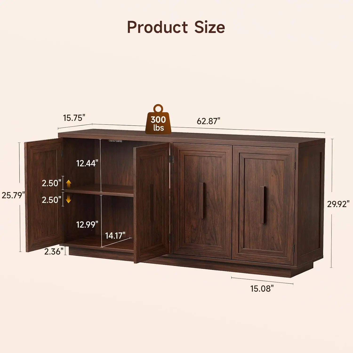 63 Inch Sideboard Buffet Cabinet w/Storage & 4 Doors, Walnut, Customized
