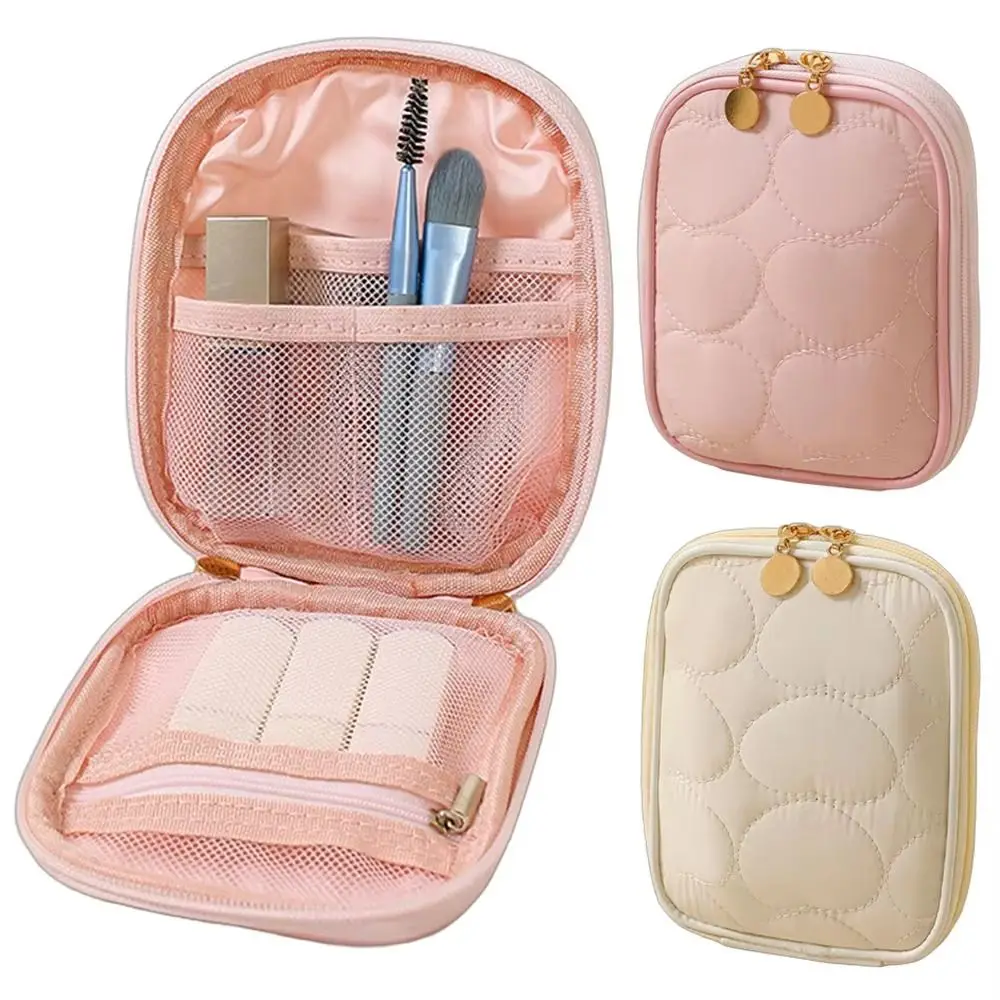 Portable Mini Storage Case Zipper Compact Makeup Bag Large Capacity Heart-shaped Pattern Cosmetic Pouch Handheld Use