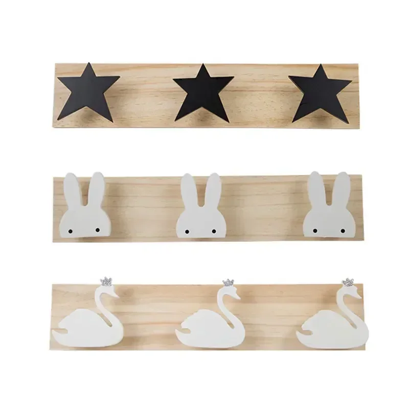 Nordic Natural Wooden Hooks Decorative For Children Room Wall Hooks Cartoon Bunny Swan Key Hanging Hanger Kitchen Storage