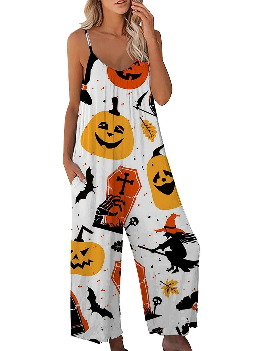 Women s Halloween Strap Rompers Cartoon Pumpkin Bat Print Wide Leg Long Playsuit Loungewear with Pockets