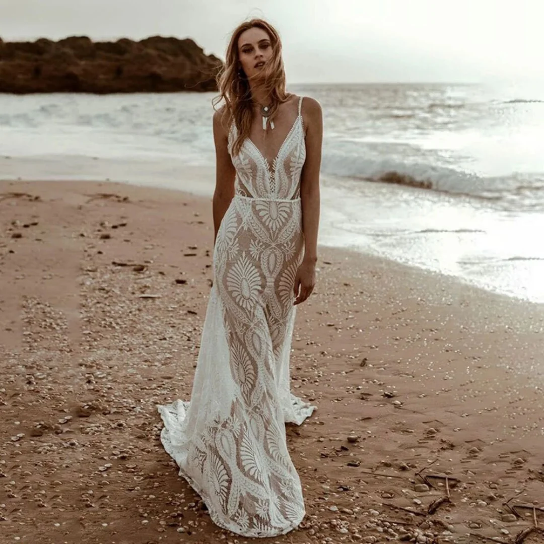 Vestido de novia largo bohemio de encaje sin espalda sirena vestido de novia de playa forro desnudo