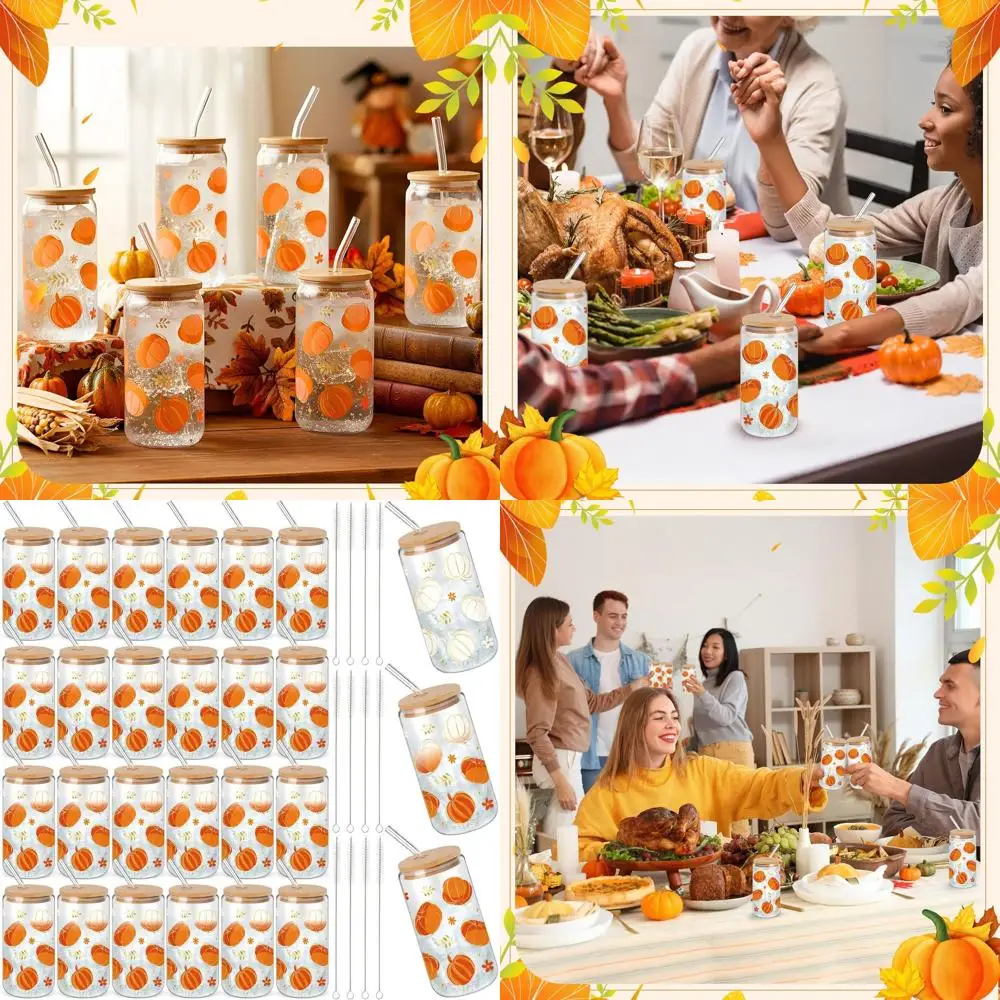 

Set of 24 16 oz Thanksgiving Pumpkin Tumblers - Color Changing Cups with Lids, Straws & Brushes for Fall Party Gifts
