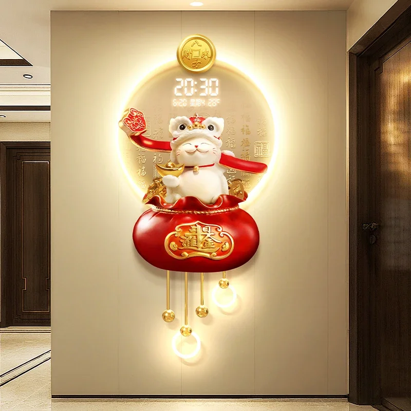 Lucky Cat Living Room 2025 New Edition Electronic Calendar Clock Money Tree Entrance Calendar Time Display Hanging Art