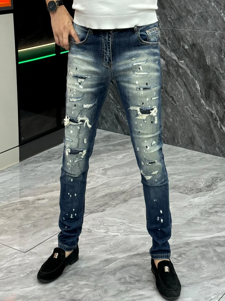 

Мужские джинсы Faionable Slim Fit: повседневные, с эффектом рваных элементов, длиной до щиколотки, осень-зима