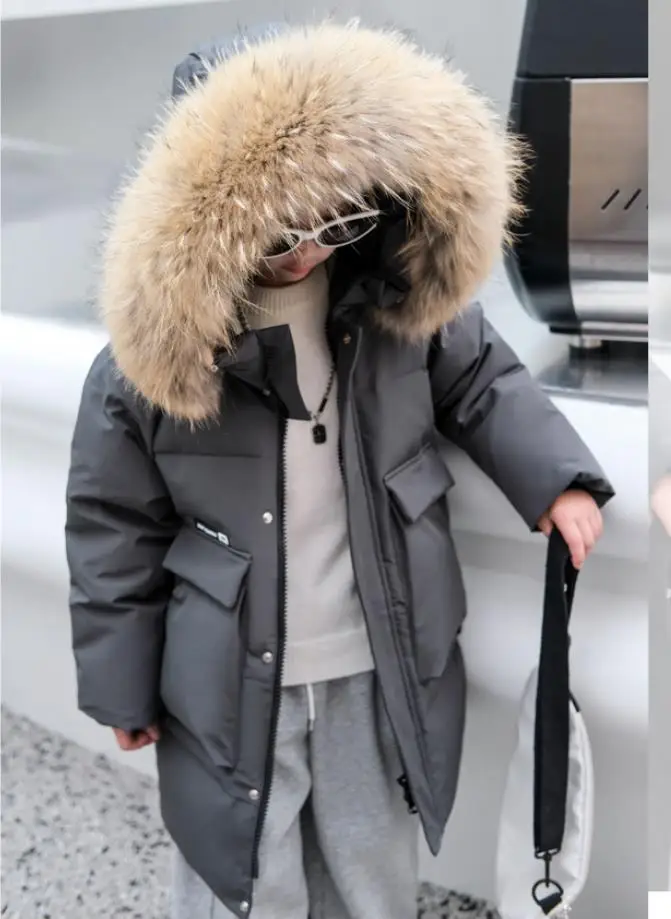 Boy Down Jacket Winter New Rela Fur Collar Down Outerwear Children Loose Thicker Big Pocket Down Coats 6-14 Years Wz1270