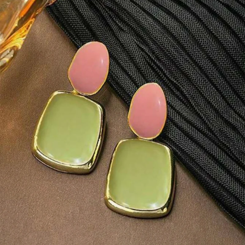 Korean Multicolor Square Dangle Stud Earrings For Women Green Purple Pink Bule Semi-Precious Stone Earrings Pastoral Style