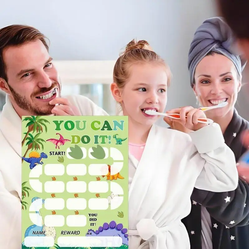 Dinosaur Reward Chart Cards with Stickers-Reusable Behavior Incentive Chart Card for Classroom, Home, Potty Training Supplies