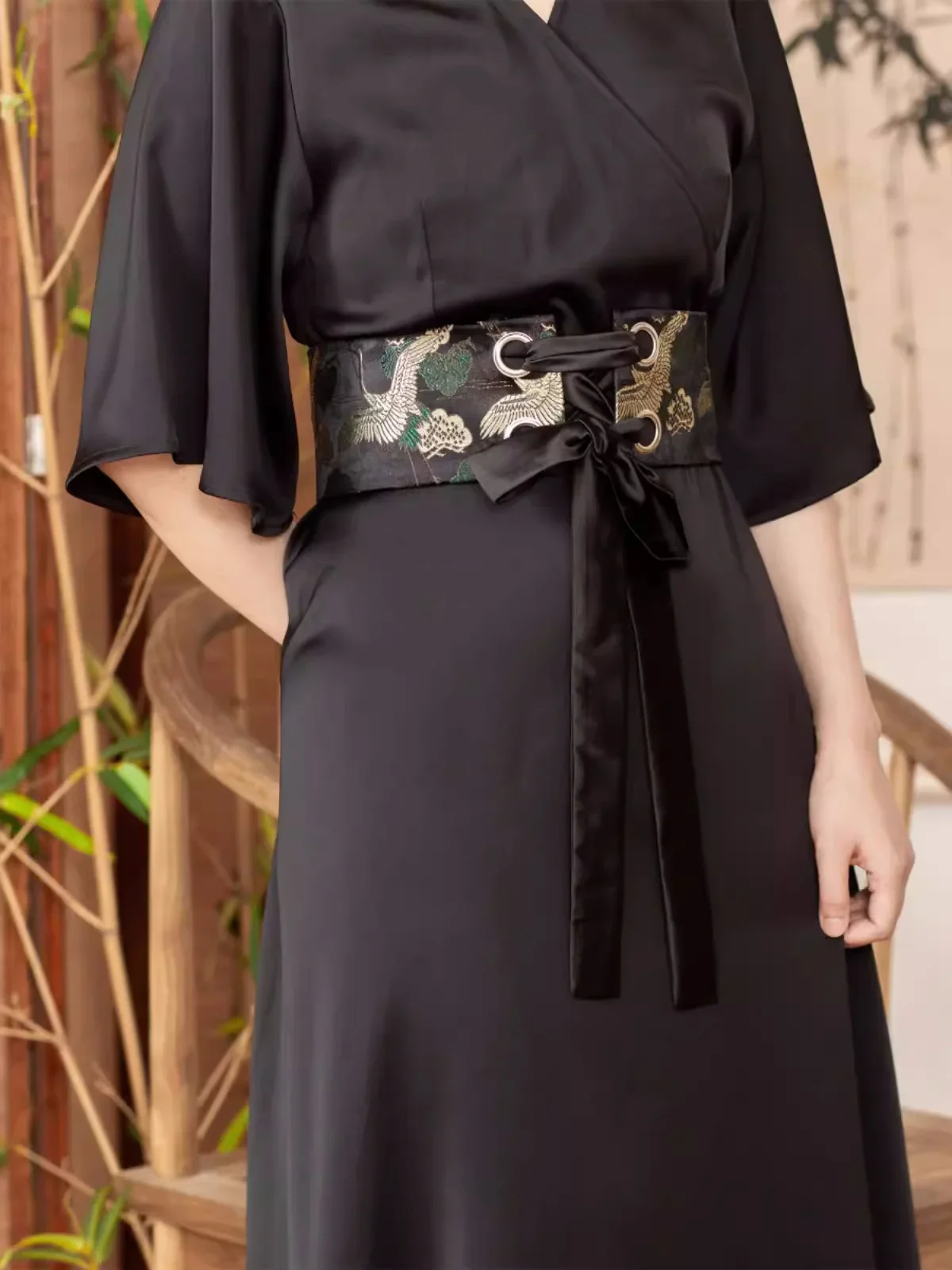 Retro Style Women's Wide Waist Belt, Black Color Crane Prints All Match Dress Girdle, Kimono Obi, Hanfu Accessories