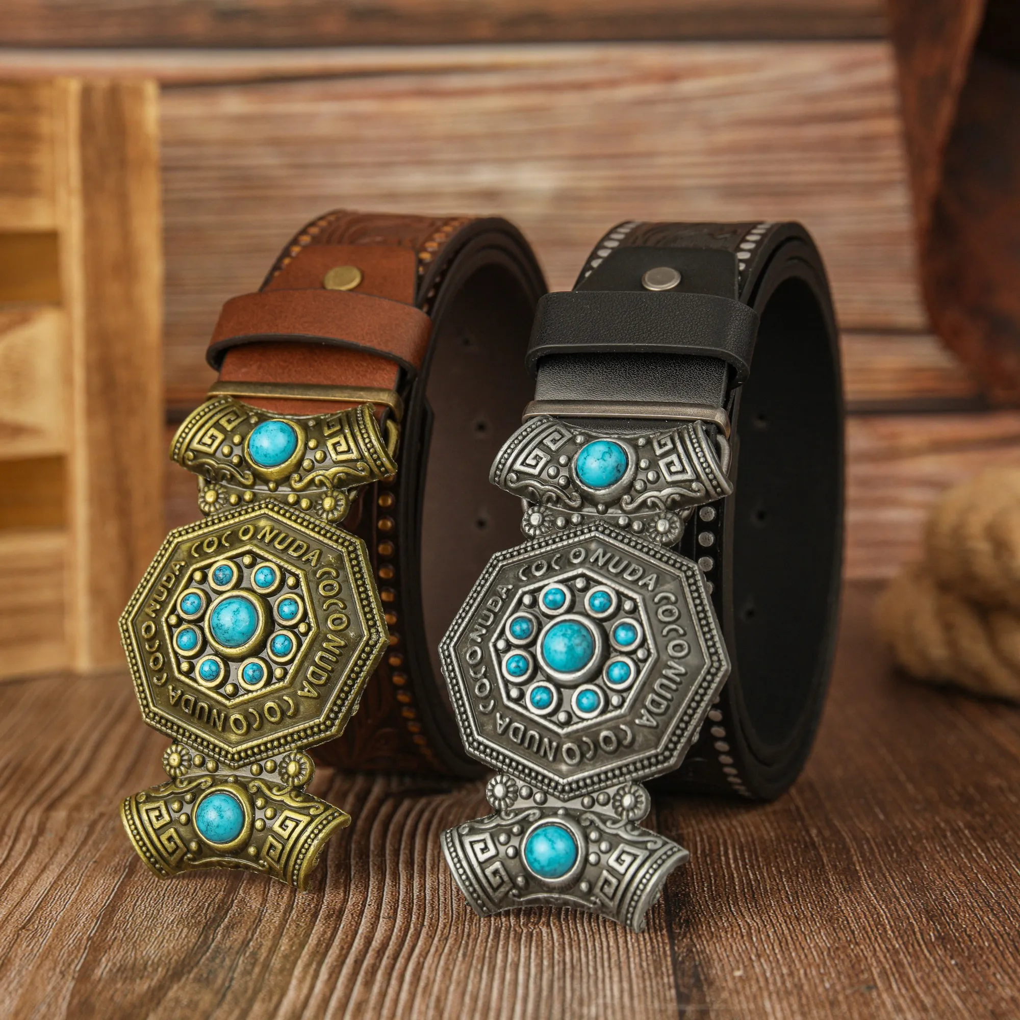 Blue turquoise candy zinc alloy buckle, retro and individual phoenix tail pattern PU embossed hand-painted belt, unisex belt