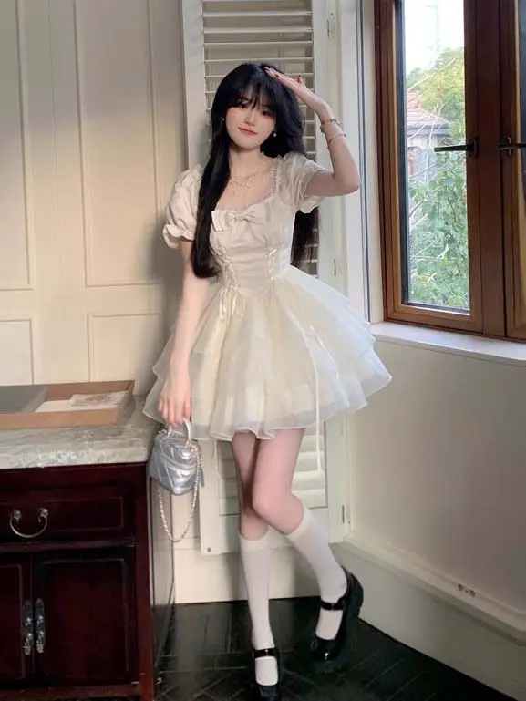 Lolita Kawaii Sweet Y2K Mini Robe pour Femme, Manches Courtes, Robe de Soirée Élégante, Japonaise, Décontractée, Mode Coréenne, Été