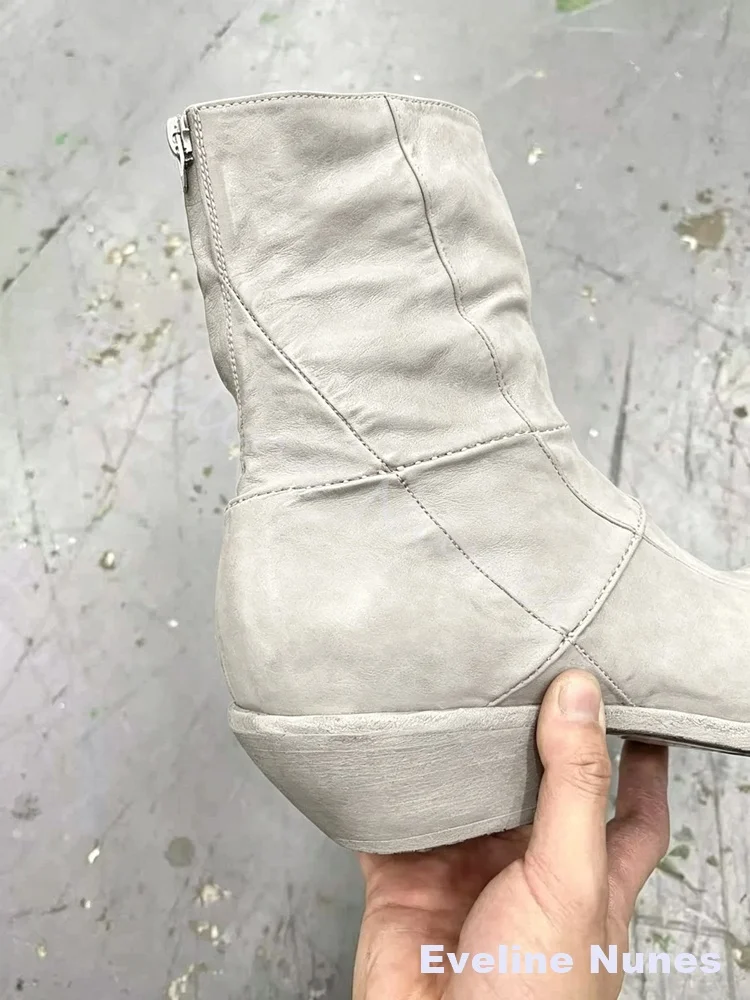 White Wrinkled Genuine Leather Ankle Boots Men Square Toe Patchwork Short Boots Distressed Vintage Handmade Soft Leather Shoes