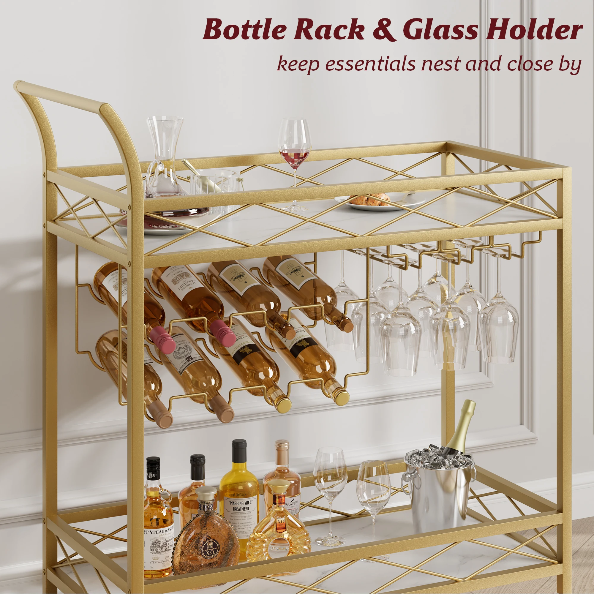 Gold Bar Cart, 2-Tier Bar Carts For The Home Bar Carts with 4 Wheels White Marble Finish Wood Shelf Wine Rack Glass Holder