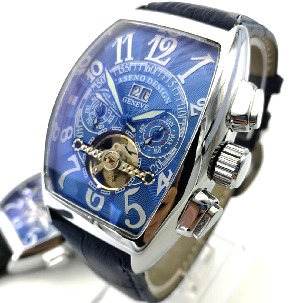 

Mens Mechanical Watch Barrel Shape Stainless Steel Waterproof Automatic Calendar Multifunctional Retro Business Tourbillon Watch