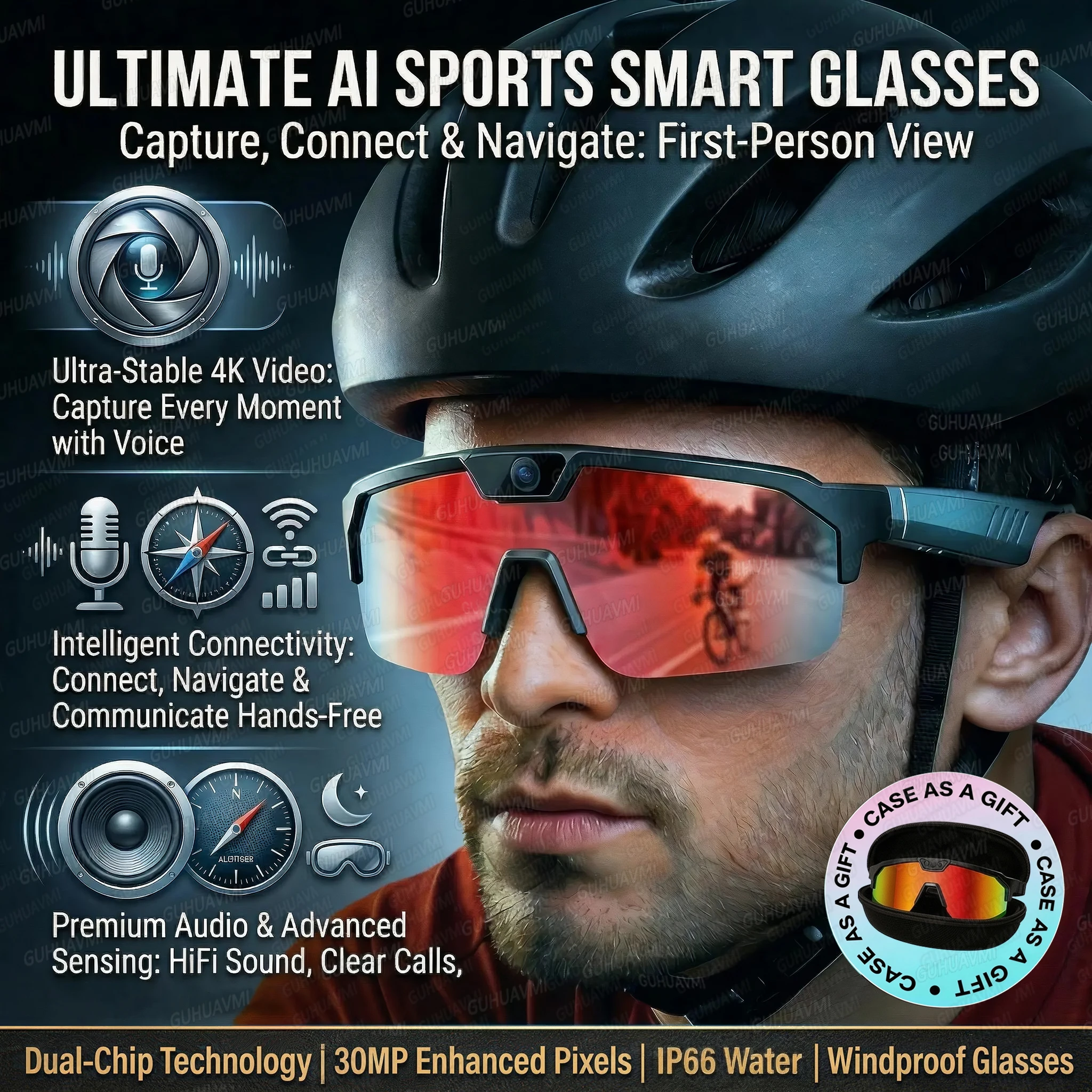 2026New AI Smart Goggles 1200P HD Camera 8MP Anti-shak Cycling Riding Shooting & recording Translation IP66 Windproof Sunglasses